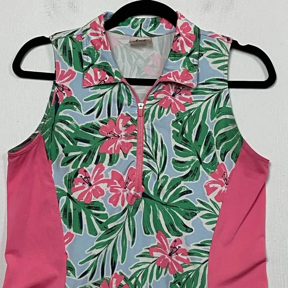 Jofit Women's Pink Green Hibiscus Print Sleeveless Golf Active Dress Size Small - Picture 2 of 9